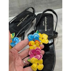 Michael Simon Black Leather Women's Sandals with Colorful Floral Appliques 8M